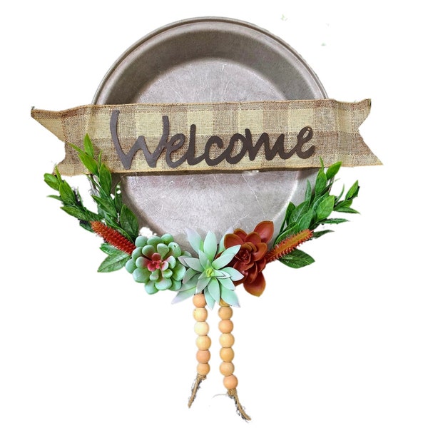 Vintage Pie Tin Welcome Sign with Succulents