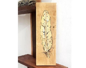 Hand Painted Gold Feather on Reclaimed Barnwood Plaque