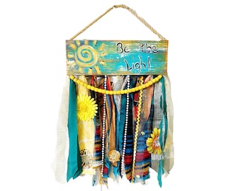 Turquoise Boho Hippie Gypsy Fringe Wall Hanging that says "Be the Light"