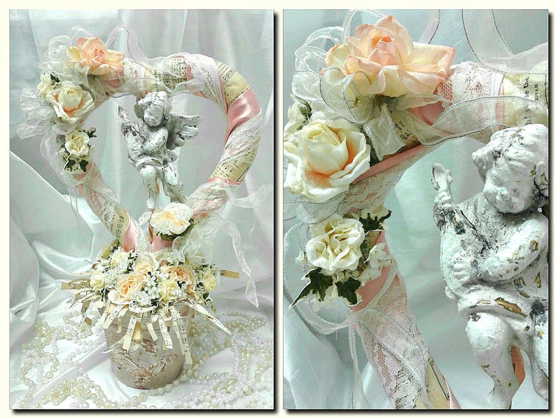 Topiary Cherub Angel Heart Floral Arrangement Planter Pot Coffee Table Floral Arrangement Newspaper Print