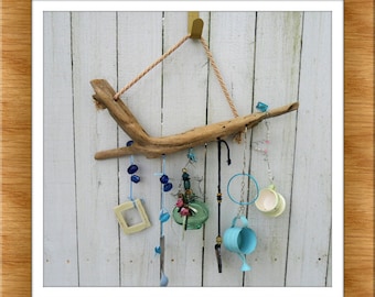Driftwood Wind Chime, Blue Found Objects, Beach House Porch Decor