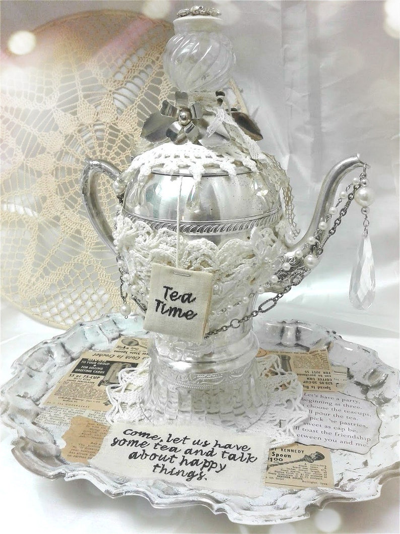 Repurposed Silver Teapot Tea Set Decoupage Ephemera Tray Etsy