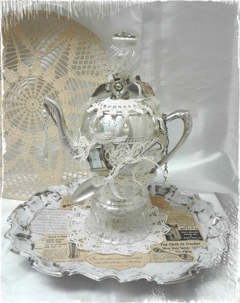 Repurposed Silver Teapot Tea Set Decoupage Ephemera Tray Etsy