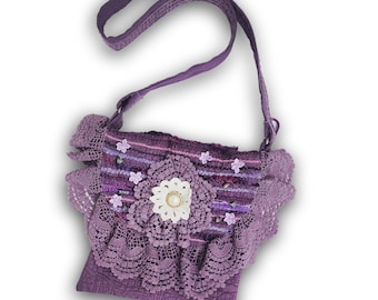 Purple Boho Shoulder Bag, Repurposed Crocheted Lace Purse