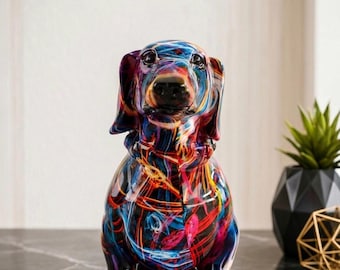 鮮やかなポップアート風ダックスフンド像 – モダンなインテリアにぴったりのカラフルな樹脂製犬の置物