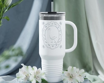 ヴィンテージダック柄40オンストラベルマグ - コテージコアファームハウスタンブラー - 風変わりな自然愛好家へのギフト - 保温コーヒーカップ