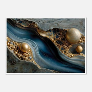 Peut inclure: Impression d'art abstrait avec un design fluide dans les tons de bleu, d'or et de gris. L'œuvre comprend de grandes et petites sphères dorées dispersées sur la surface, créant une composition texturée et dynamique.