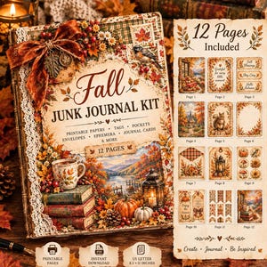 May include: A Fall Junk Journal Kit featuring 12 printable pages, tags, pockets, and envelopes. The cover displays autumn foliage, a mug, books, a lantern, and pumpkins. Includes a 12-page preview and US Letter 8.5 x 11 inches text.