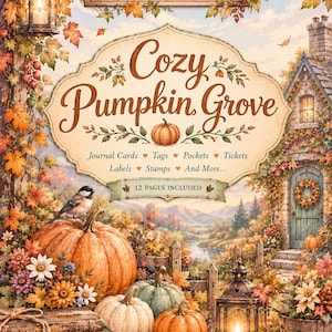 May include: A digital junk journal kit titled Dreamy Leaf Designer Cozy Pumpkin Grove featuring 12 pages of journal cards, tags, pockets, tickets, labels, and stamps. The illustration shows pumpkins, autumn leaves, books, and a lantern.