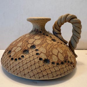 Don McWhorter Studio Pottery Jug Vase, Vintage 2002 Signed Georgia Art Stoneware, Textured Snakeskin and Lace Patterned Vessel with Twisted