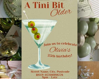 A Tini Bit Older Birthday Invitation Template, Hand-Drawn Martini Drinks, Olive Sage (Digital Download)