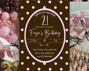 Spotted Turning 21 Birthday Invitation Template, Polka Dot Brown Pink, 21s Party (Digital Download)
