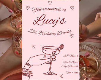 21st Birthday Invitation Template, Cocktail Girly Pink Drinks Party, Hand Drawn Style (Digital Download)
