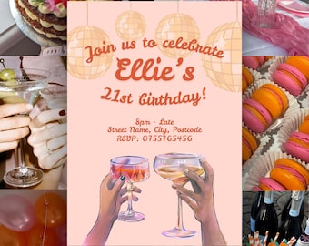 21st Birthday Invitation Template, Hand-Drawn Cocktails Disco Balls, Orange Pink Style (Digital Download)