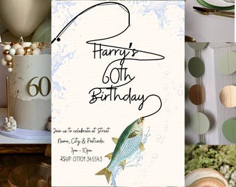 60th Birthday Fishing Invitation, Sixtieth Dinner Hand Drawn Style, Men Party Invite (Digital Download)