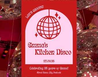 Kitchen Disco Birthday Invitation Template, Red Pink, Themed Party, Mirrorball Balls (Digital Download)