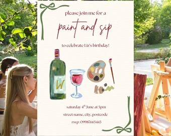 Paint and Sip Invitation Template, Hand Drawn Style, Personalized Digital Birthday Girls Night Invite