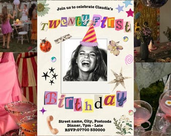 21st Scrapbook Polaroid Collage Birthday Invitation, Personalized Retro Photo Vintage Party Template, (Digital Download)