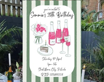 Green Stripe Vintage Birthday Invitation Template, Hand Drawn Style, Wine Bottle, Personalized Digital Download