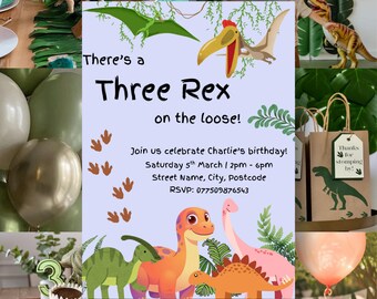 Three Rex Dinosaur Kids Party Invitation, Hand-Draw Style Invite Girl Boy Birthday (Digital Download)