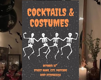 Cocktails & Costumes Halloween Party Invitation Template, Skeletons, Dress Up, Themed (Digital Download)