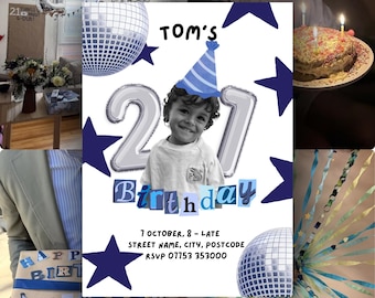 21st Boy Birthday Invitation Template, Male Invite, Toddler Photo Collage, Scrapbook Style, (Digital Download)