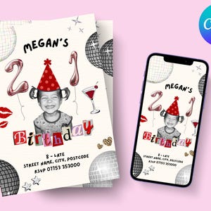 21st Birthday Invitation Templates featuring a picture of a toddler wearing a party hat, balloons with a 2 and a 1, disco balls, scrapbook lettering, a cocktail, disco balls, lipstick kisses, sparkles, leopard print hearts and black text with the event details. The invites are piled on top of each other, next to an iPhone which is displaying the same design, all on a light pink background with a Canva logo on the top right corner.