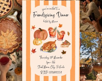 Friendsgiving Thanksgiving Invitation Template, Hand Drawn Style, Turkey Day, Personalized Digital Download