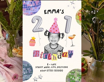 21st Birthday Invitation Template, Toddler Photo Collage, Scrapbook Style, Disco Balls (Digital Download)