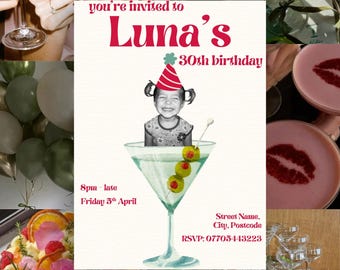 Photo in Cocktail Birthday Invitation Template, 30th Party Invite, Toddler Picture (Digital Download)