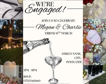 Engagement Party Invitation, Champagne Bottle, Personalized Elegant Wedding Drinks Invite, Hand Drawn (Digital Download)