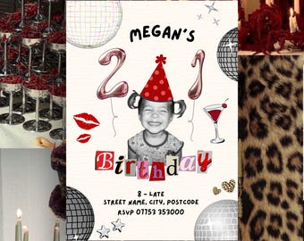 21st Birthday Invitation Template, Toddler Photo Collage, Scrapbook, Dark Red, Disco Balls (Digital Download)