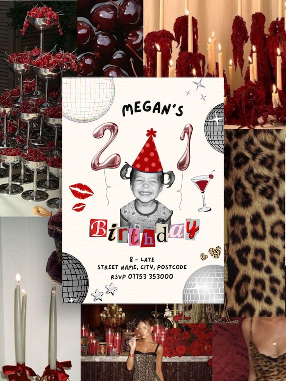 21st Birthday Invitation Template, Toddler Photo Collage, Scrapbook, Dark Red, Disco Balls (Digital Download)