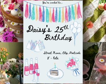 25th Birthday Invitation Template, Personalized, Vintage Watercolour Hand Drawn, Drinks Dinner Party (Digital Download)