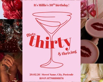 Flirty Thirty Thriving Birthday Invitation Template, 30th Party Cocktail, Red and Pink (Digital Download)