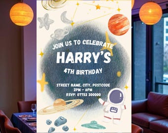 Outer Space Astronaut Kids Party Invitation, Personalized Birthday Children's 4th 5th, Planets (Digital Download)