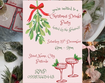 Christmas Holidays Drinks Party Invitation Template, Hand Drawn Style, Mistletoe, Holly, Cocktails (Digital Download)