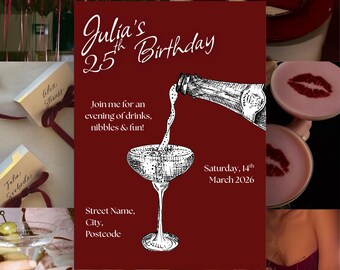 25th Birthday Invitation Template, Red Champagne Dinner, Editable Party Invite, Prosecco Party (Digital Download)
