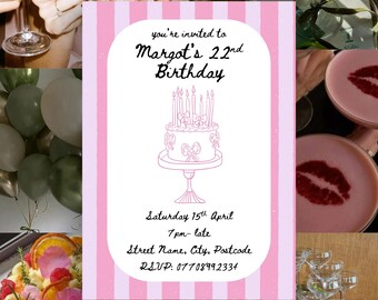 Vintage Cake Stripe Birthday Invitation, Pink Hand Drawn Style, Personalized Digital Party Invite Template