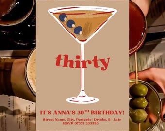 Martini Dirty Thirty Birthday Invitation, Personalized Template For 30th Party, Espresso Cocktail (Digital Download)
