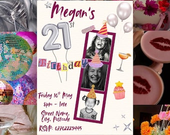 Photo Booth 21st Birthday Invitation Template, Toddler Party Hat Photo Collage, Scrapbook (Digital Download)