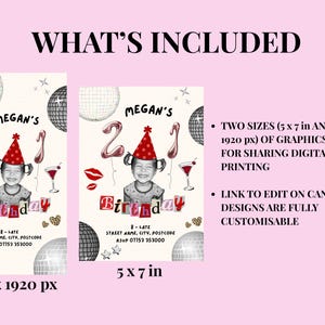 21st Birthday Invitation Templates featuring a picture of a toddler wearing a party hat, balloons with a 2 and a 1, disco balls, scrapbook lettering, a cocktail, disco balls, lipstick kisses, sparkles, leopard print hearts and black text with the event details. The invites are two sizes and are next to each other, on a light pink background with black text at the top, bottom and right of the page.