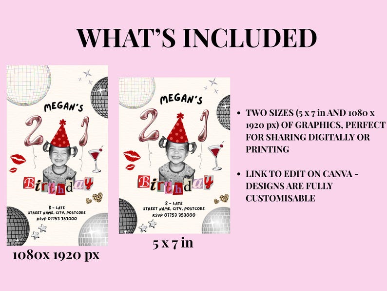 21st Birthday Invitation Templates featuring a picture of a toddler wearing a party hat, balloons with a 2 and a 1, disco balls, scrapbook lettering, a cocktail, disco balls, lipstick kisses, sparkles, leopard print hearts and black text with the event details. The invites are two sizes and are next to each other, on a light pink background with black text at the top, bottom and right of the page.