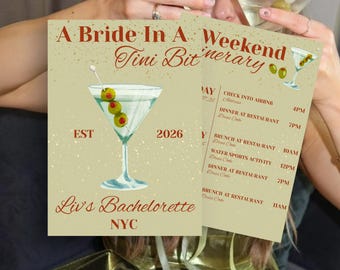 Bride In A Tini Bit Invitation Template, Bachelorette Martini Olive Party Invite Itinerary (Digital Download)