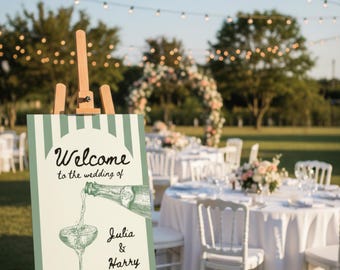 Welcome Wedding Sign Template, Personalized Signage, Champagne Bottle, Green Stripe Hand Drawn (Digital Download)