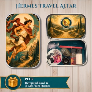 May include: A Hermes travel altar set in a metal tin. The lid features an illustration of Hermes with a caduceus. The open tin contains a small glass bottle, a red stick, a polished stone, two vials with contents, and a white disc with dried petals.