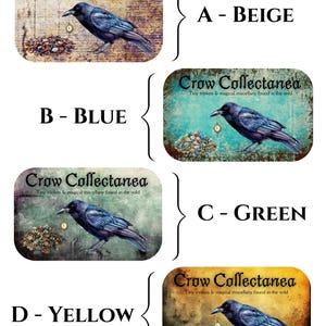 May include: Four rectangular designs with the text "Crow Collectanea" and a crow illustration. Each design has a different background color: beige, blue, green, and yellow. The text "Tiny trinkets & magical miscellany found in the wild" is also included.