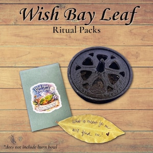 May include: A Wish Bay Leaf Ritual Pack set featuring a green card with a Wish Upon a Bay Leaf sticker, a black metal incense burner with a central spike, and a single dried bay leaf with the handwritten text What is meant for me will find me.