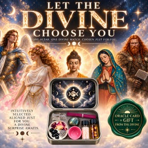 May include: A metal tin containing a small glass bottle, pink incense sticks, a polished stone, a white bowl with black stones and dried flowers, a pink bowl, and two small glass vials with contents. The lid features a triple moon symbol.