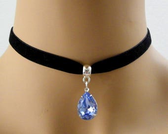 Black Velvet choker necklace, Light Sapphire 10mm BLACK Velvet Ribbon Choker, Bridesmaid gift, light blue bridesmaid necklace, beach wedding